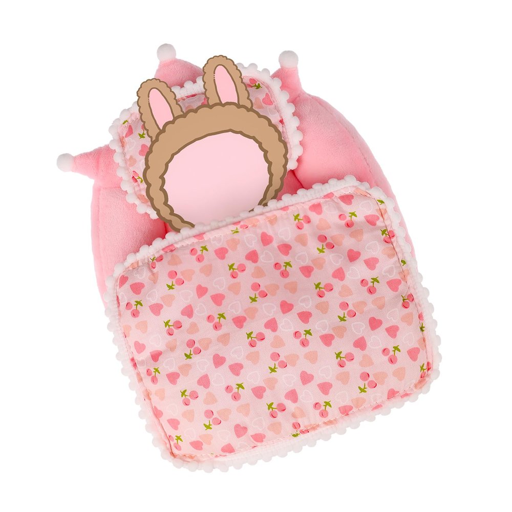17cm Doll Bed, Miniature Bed with Pillow and Blanket Compatible with La Booooo Booooo Dolls, Doll House Furniture Accessories, Cherry Pattern
