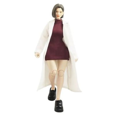 1/12 Scale Female White Long Trench Coat / Dark Red High-Necked Bodysuit Short Dress for 6-inches Action Figure Body (Set of Dress + Long Coat)
