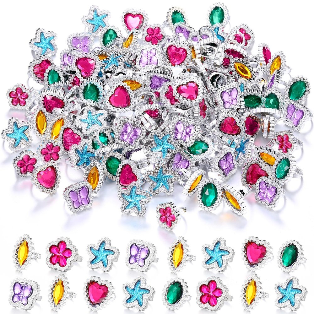 Shappy 72 Pcs Colorful Plastic Rings for Kids Adjustable Costume Jewelry Rings Diamond Oval Star Butterfly Heart Flower for Princess Carnival Dress up Bridal Shower Party Accessories