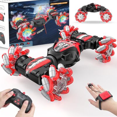 1:12 Gesture Sensing RC Stunt Car, 2 * 1200mAh Hand Controlled Remote Control Twist Cars with Light & Music, 4WD 360 Rotate Transform Drift, Gifts for 8-12 Kids Age 8 9 10 11 12 Yrs Old Trains-Red