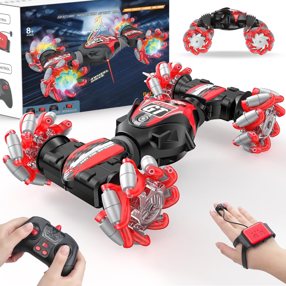 1:12 Gesture Sensing RC Stunt Car, 2 * 1200mAh Hand Controlled Remote Control Twist Cars with Light & Music, 4WD 360 Rotate Transform Drift, Gifts for 8-12 Kids Age 8 9 10 11 12 Yrs Old Trains-Red