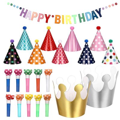 22PCS Birthday Party Hats Set Includes 1PC Happy Birthday Banner, 11PCS Cone Hats and 10PCS Party Blowers, Reusable Birth day Hat Set for Holiday Decorations, Photo Props, Birth Day Parties Supply