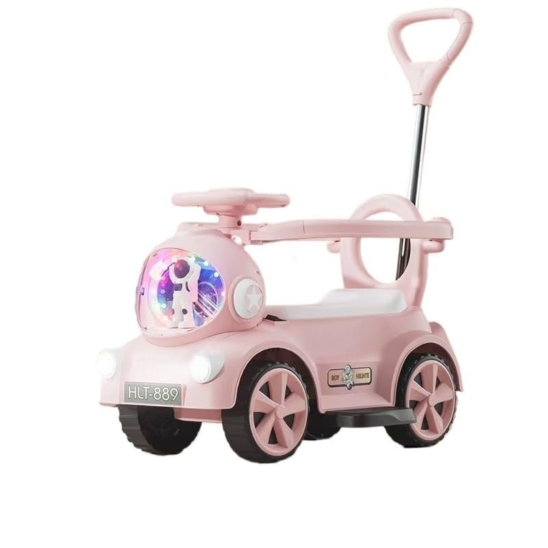 Kids Electric Motor Car with Headlights Push Handle Backrest 3 Modes: Push, Drive Or Scooter(Pink)