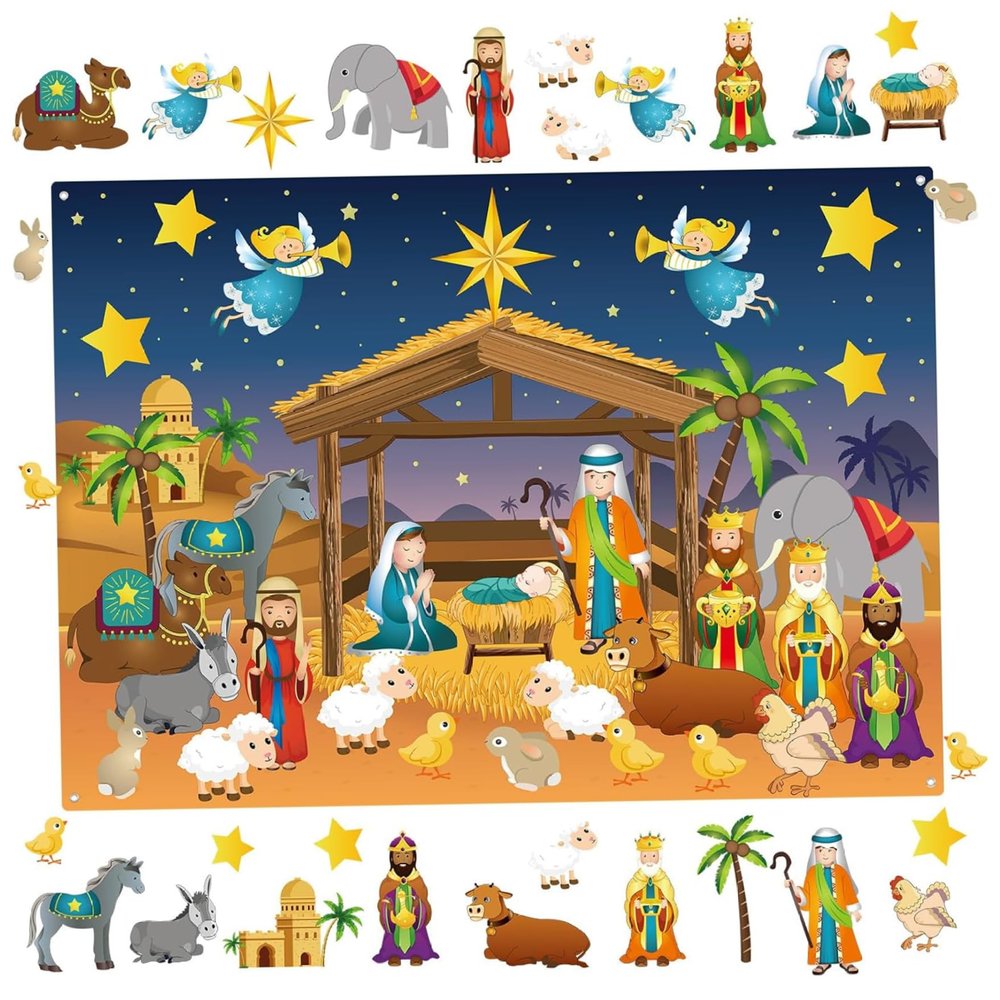Joygoodta Felt Story Board, Educational Christmas Nativity Scene Felt Board for Kids, Birth of Jesus Crafts Kit Xmas Religious Wall Decor Ornaments
