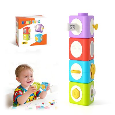 HUNKING Activity Cubes & Stacking Toy Blocks Set of 4,Montessori Toys for 1-2 Years Old,Educational Activities Sensory Travel Toys for Toddlers Christmas Birthday Gifts for Boys Girls