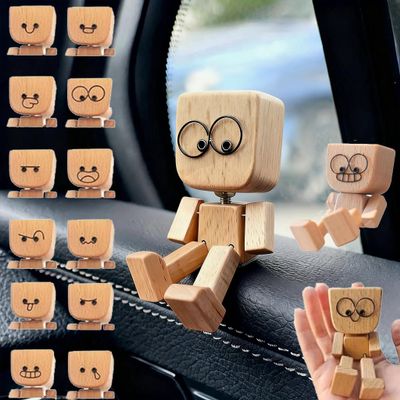 Shaking Wooden Man,Handmade Shaking Wooden Man Figurine for Car Dashboard,S-haking Feet W-ooden Doll with Spring Legs,Car Dashboard Accessories with 12PCS Magnetic Expressions,Funny C-ar Accessories