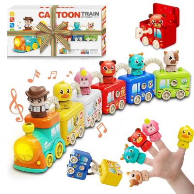 Montessori Train Toys for 2 3 4 Year Olds - Toddler Learning Train Set with Lights & Sounds, 6 Vehicle Transport, Lock & Key Activity, Farm Animal Finger Puppets, Easter Birthday Gift for Boys Girls