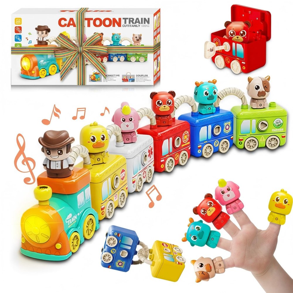 Montessori Train Toys for 2 3 4 Year Olds - Toddler Learning Train Set with Lights & Sounds, 6 Vehicle Transport, Lock & Key Activity, Farm Animal Finger Puppets, Easter Birthday Gift for Boys Girls