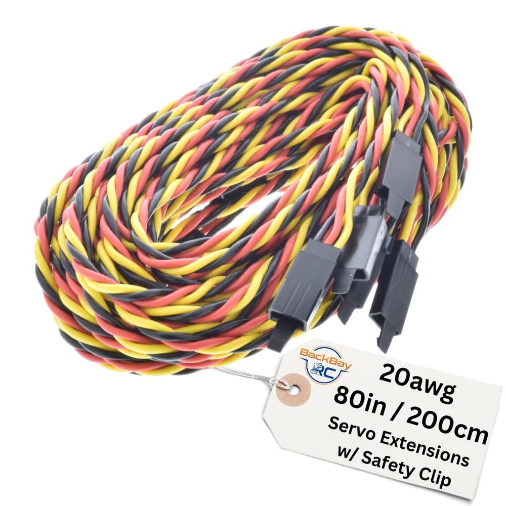 BackBayRC - 200CM 20awg Twisted Servo Extension Cable w/Safety Clip - 100 Strands for RC Vehicles, Drones, E-Bikes - 10 Lengths / 5 Wires per Pack (80in)