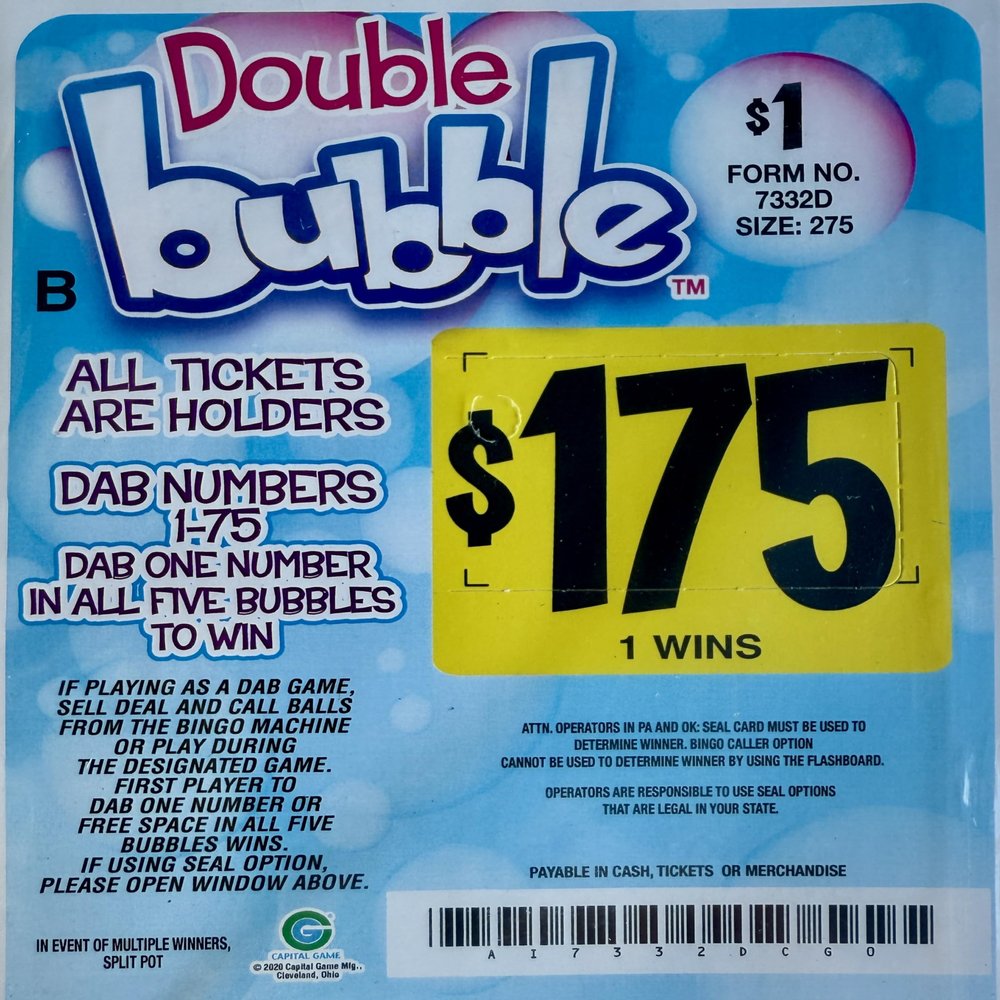 Double Bubble $175 Bingo Pull Tab Event Game - All Tickets Playable