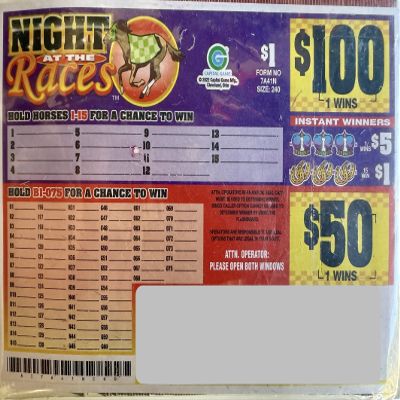Night at The Races $100 Bingo Pull Tab Game, Seal Card Horse Race