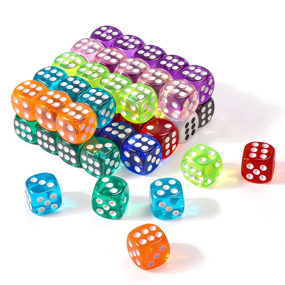 50 Pieces Dice Set, Translucent 6 Sided Colored Dices for Board Games, Math Learning, Classroom, Parties