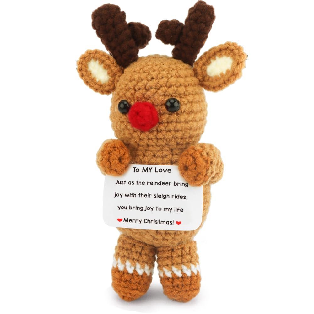 AHONEY Emotional Support Crochet Plush Christmas Deer Handmade Gifts for Men Husband Mom Dad Christmas Stocking Stuffer for Women Mini Positive Reindeer Decor for Birthday (to My Love)