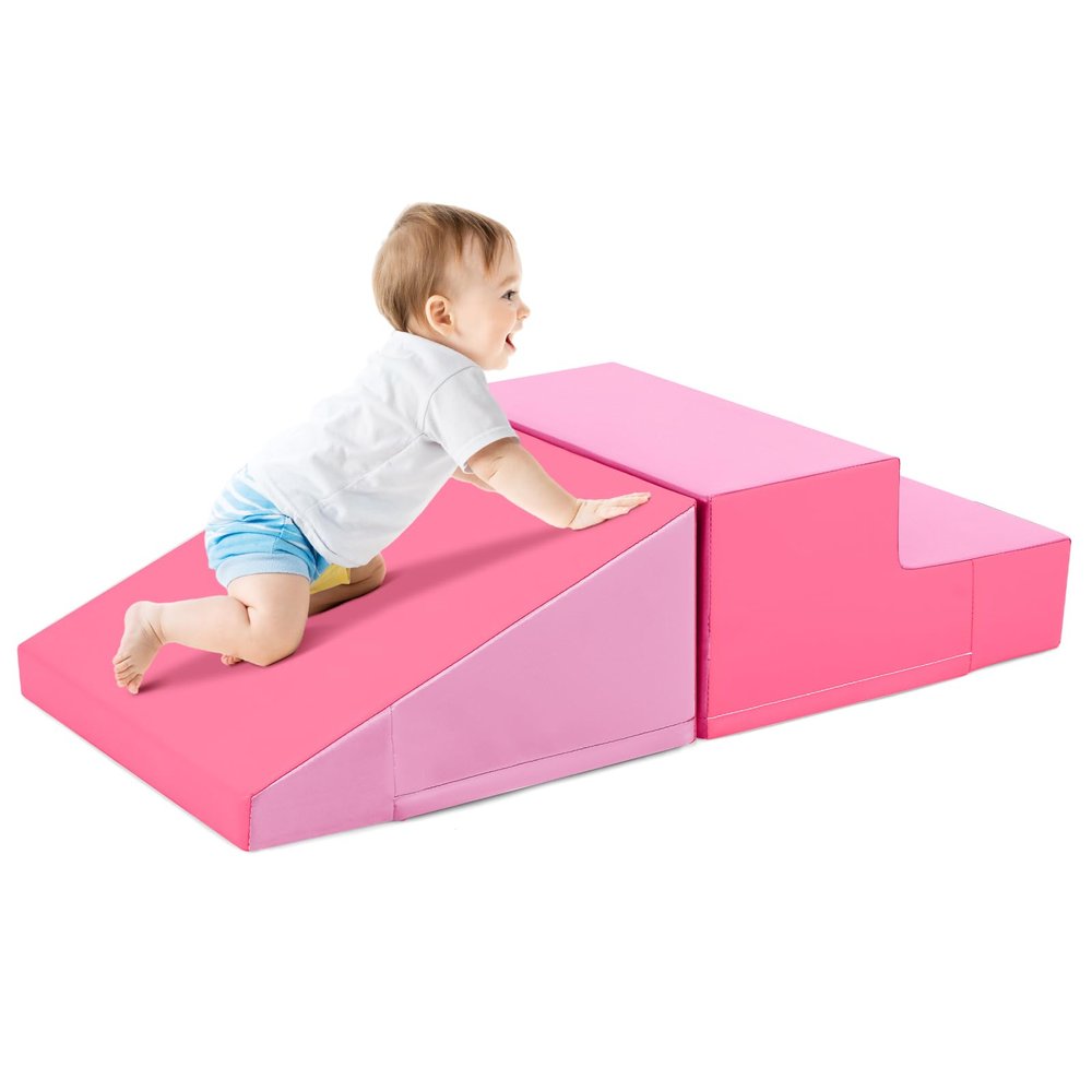 Costzon Climbing Toys for Toddlers, Soft Play Set for Crawling, Climbing, Sliding, Indoor Active Play, 2 PCS Foam Climbing Blocks for Infants Baby Kids (Rose Red)