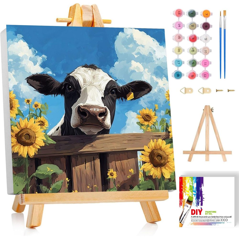 ajepon Cow Paint by Numbers Kit for Kids with Frame - Highland Cow Paint by Number for Kids, Kid Painting by Number Kits Age 6-8 for Home Wall Decor 8X8inch (with Wooden Easel)