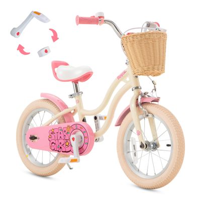 RoyalBaby Girls Bike, Stargirl EZ Kids Bike Balance and Pedal Bicycle with Basket, 12 Inch Toddlers to Big Kids 2-4 Years, Cream Pink