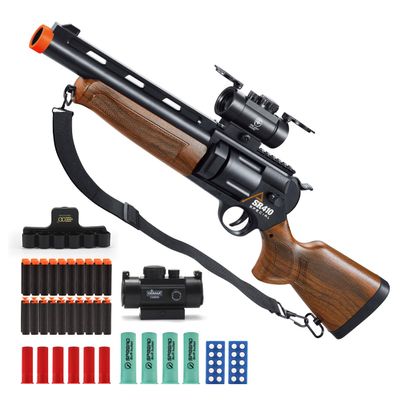 Foam Gun Revolver 2 in 1 Shotgun with 4X Scope Soft Foam Blaster Set Gift for Christmas Birthday with 60 Bullets 15 Shells Soft Bullet Revolver Foam Dart Pistol for Age 14+ (Brown)