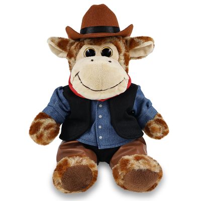DolliBu Sitting Giraffe Stuffed Animal Cowboy Plush with Name Personalization - Western-Themed Giraffe Plush with Cute Cowboy Costume Denim Shirt Vest, Bandana, Leather Pants, and Hat - 9 Inches