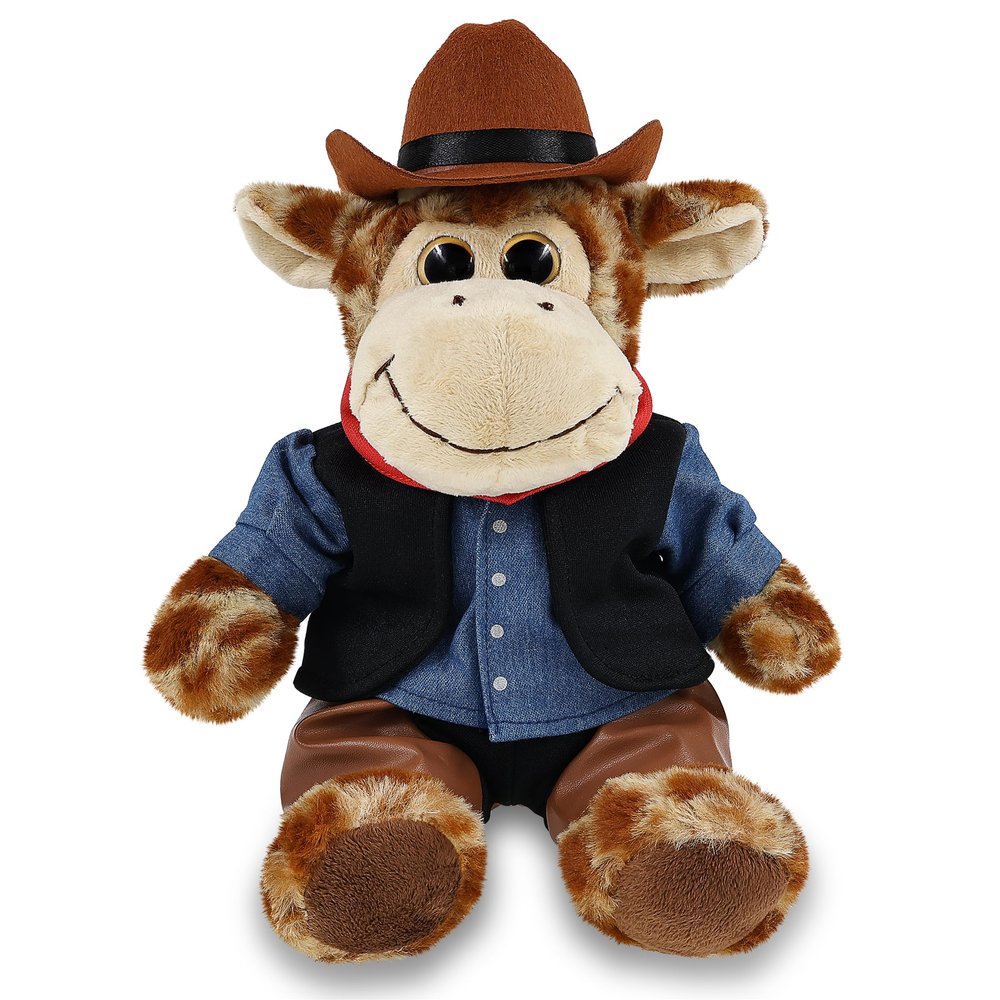 DolliBu Sitting Giraffe Stuffed Animal Cowboy Plush with Name Personalization - Western-Themed Giraffe Plush with Cute Cowboy Costume Denim Shirt Vest, Bandana, Leather Pants, and Hat - 9 Inches