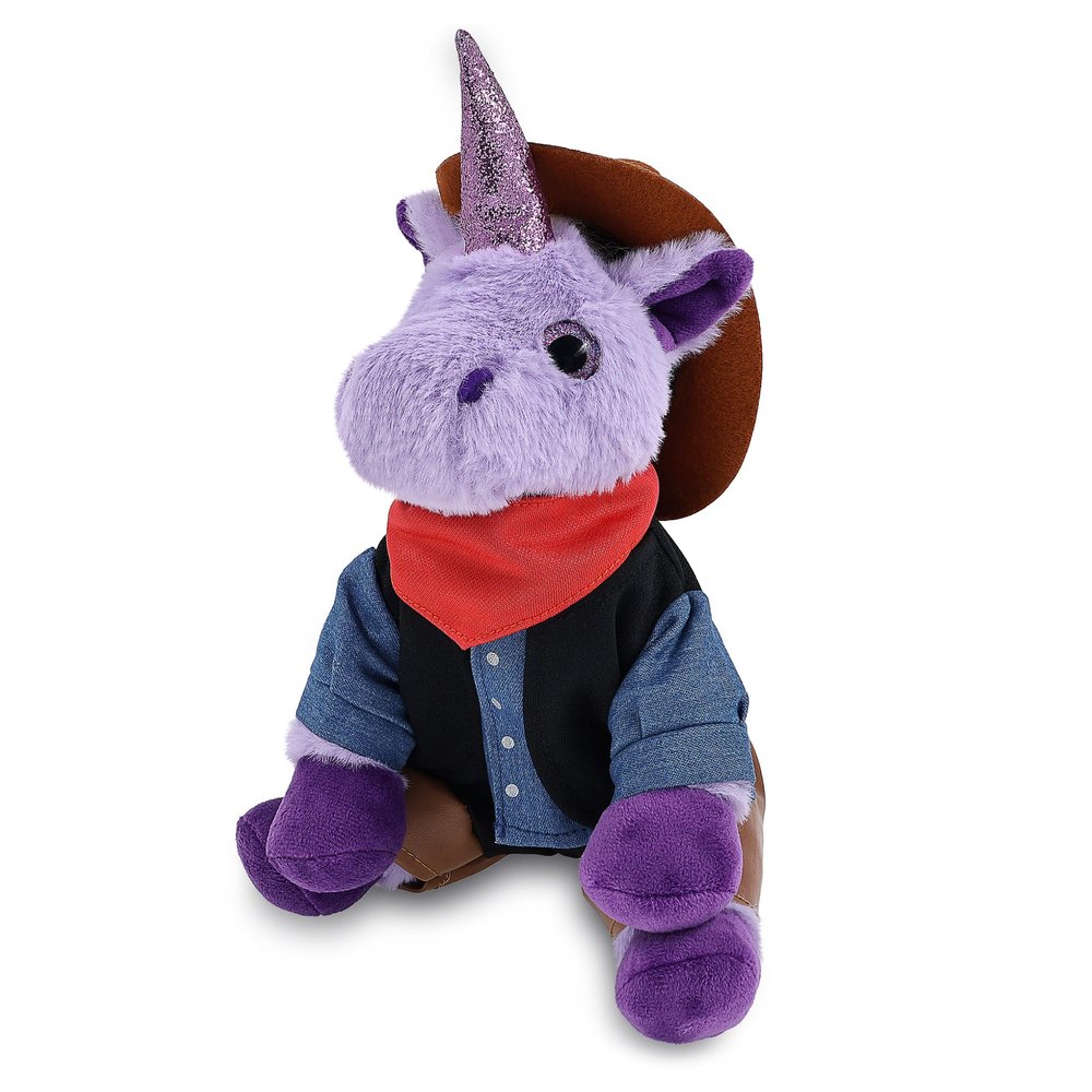 DolliBu Purple Unicorn Stuffed Animal Cowboy Plush with Name Personalization - Western-Themed Unicorn Plush with Cute Cowboy Costume Denim Shirt Vest, Bandana, Leather Pants, and Hat - 9 Inches