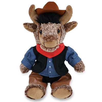 DolliBu Sitting Buffalo Stuffed Animal Cowboy Plush with Name Personalization - Western-Themed Buffalo Plush with Cute Cowboy Costume Denim Shirt Vest, Bandana, Leather Pants, and Hat - 8.5 Inches