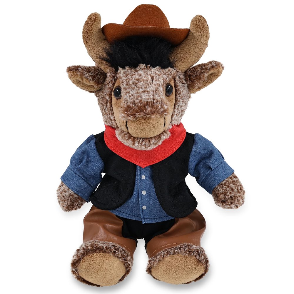 DolliBu Sitting Buffalo Stuffed Animal Cowboy Plush with Name Personalization - Western-Themed Buffalo Plush with Cute Cowboy Costume Denim Shirt Vest, Bandana, Leather Pants, and Hat - 8.5 Inches