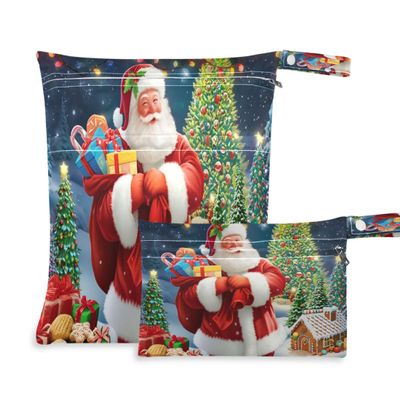 Burbuja Santa Claus Wet Dry Bags for Baby Cloth Diaper 2 Pack, Waterproof Reusable Wet Bag with 2 Zippered Pockets for Travel Swimsuit Gym Clothes Toiletries Stroller