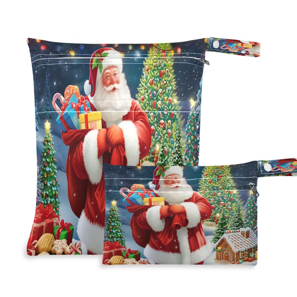 Burbuja Santa Claus Wet Dry Bags for Baby Cloth Diaper 2 Pack, Waterproof Reusable Wet Bag with 2 Zippered Pockets for Travel Swimsuit Gym Clothes Toiletries Stroller