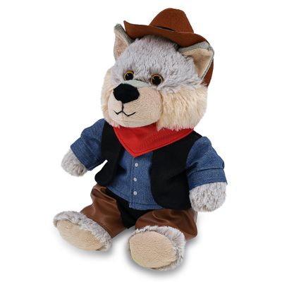 DolliBu Sitting Wolf Stuffed Animal Cowboy Plush with Name Personalization - Western-Themed Wolf Plush with Cute Cowboy Costume Denim Shirt Vest, Bandana, Leather Pants, and Hat - 9 Inches