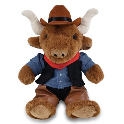 DolliBu Texas Longhorn Stuffed Animal Cowboy Plush with Name Personalization - Western-Themed Longhorn Plush with Cute Cowboy Costume Denim Shirt Vest, Bandana, Leather Pants, and Hat - 9 Inches