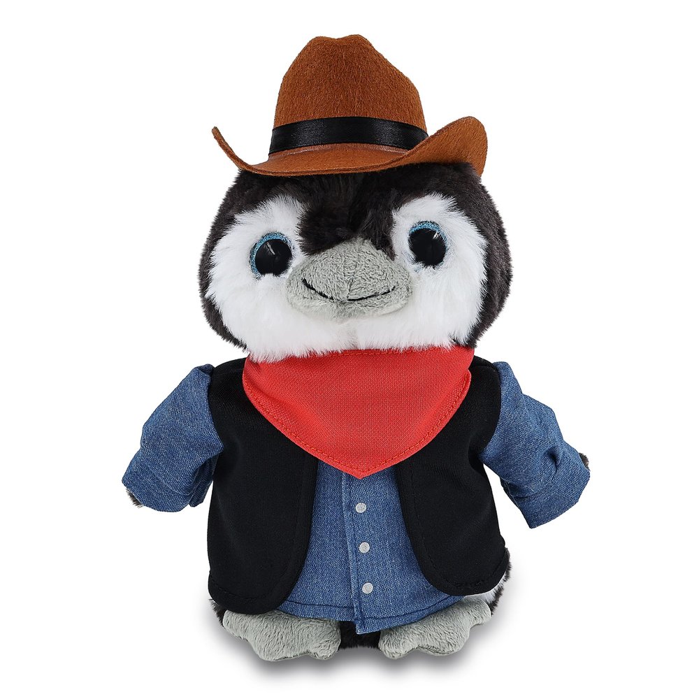 DolliBu Grey Penguin Stuffed Animal Cowboy Plush with Name Personalization - Western-Themed Penguin Plush with Cute Cowboy Costume Denim Shirt Vest, Bandana, Leather Pants, and Hat - 9 Inches