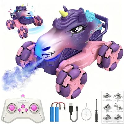 MAGTHIC Remote Control Car 1:18 Pink Unicorn Monster Truck 360 Spin-Dance Light Music with Spray, 2.4 GHz 4WD 120 Min Runtime Off-Road for Indoor & Outdoor Fun Toy Birthday Gifts for Girls Age 3+