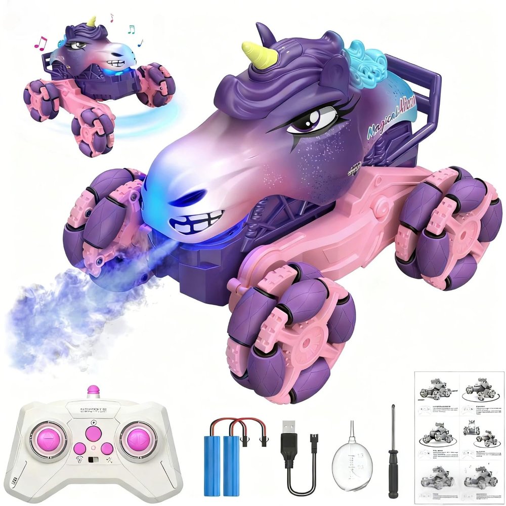 MAGTHIC Remote Control Car 1:18 Pink Unicorn Monster Truck 360 Spin-Dance Light Music with Spray, 2.4 GHz 4WD 120 Min Runtime Off-Road for Indoor & Outdoor Fun Toy Birthday Gifts for Girls Age 3+