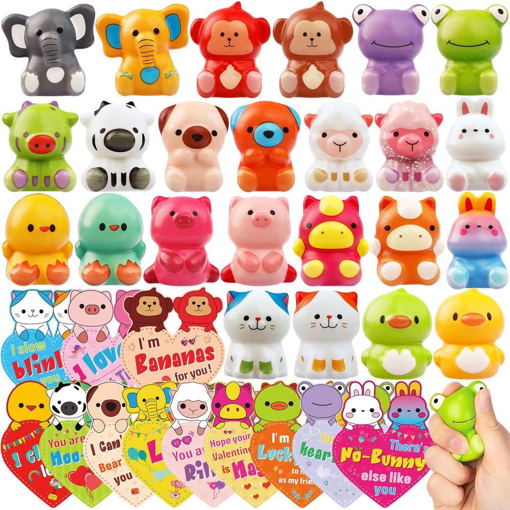 24 Pack Valentines Day Gifts for Kids Animal Squishy Toys, Valentines Cards for Kids Classroom with Stress Relief Toys Exchange Gifts for Boys Girls School Classroom Party Favors Goodie Bag Stuffers