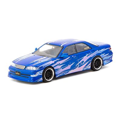 1:64 Diecast Model Car Compatible with Toyota Mark II JZX100 Blue Metallic Vertex Limited Edition by Tarmac Works T64G-024-BL