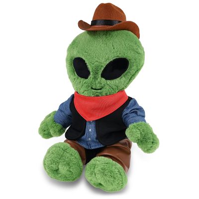 DolliBu Alien Stuffed Doll Cowboy Plush with Name Personalization - Western-Themed Alien Plush with Cute Cowboy Costume Denim Shirt Vest, Bandana, Leather Pants, and Hat - 11 Inches