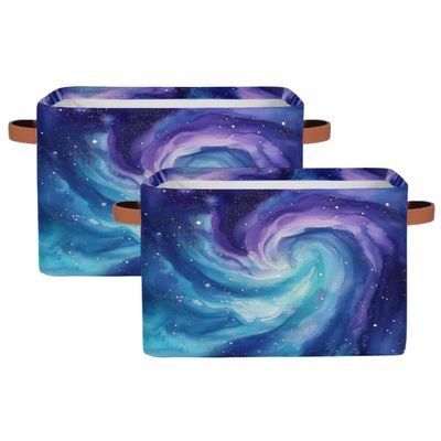 Myfsucce Foldable Fabric Storage Bins 2 Pc Set, Bluepurple Galaxy Polyester Canvas Closet Storage Bins with Handles, 15x11x9.5 Inches