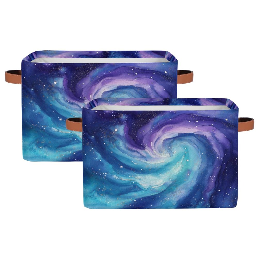 Myfsucce Foldable Fabric Storage Bins 2 Pc Set, Bluepurple Galaxy Polyester Canvas Closet Storage Bins with Handles, 15x11x9.5 Inches