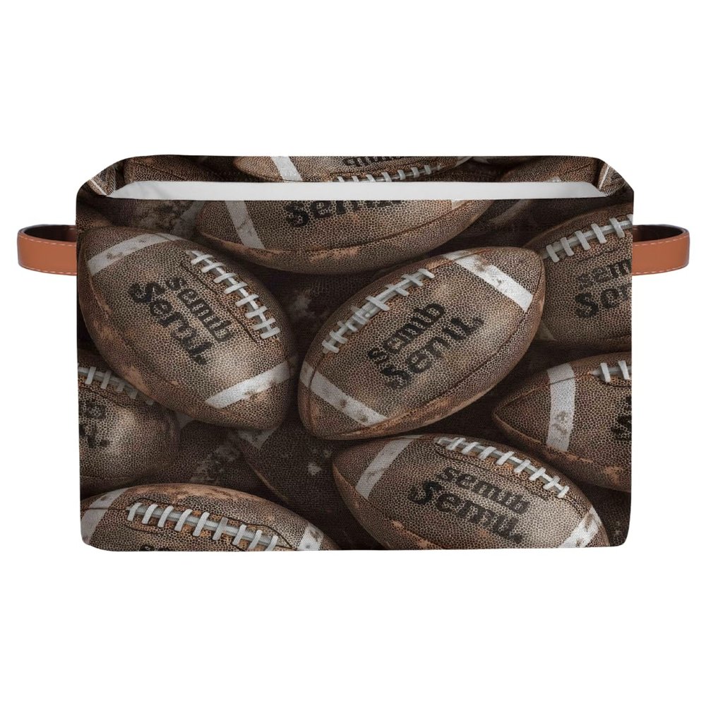 Myfsucce Foldable Fabric Storage Bins 1 Pc, Vintage Footballs Pattern Polyester Canvas Closet Storage Bins with Handles, 15x11x9.5 Inches