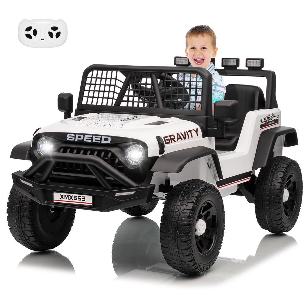 12V Ride on Car for 3+, Kids Electric Vehicles with Remote Control Riding Toy Extra Wide Seat and Legroom for Toddlers with Safety Belt, 3 Speeds, LED Light, Music, USB for Children 3-6 Years, White