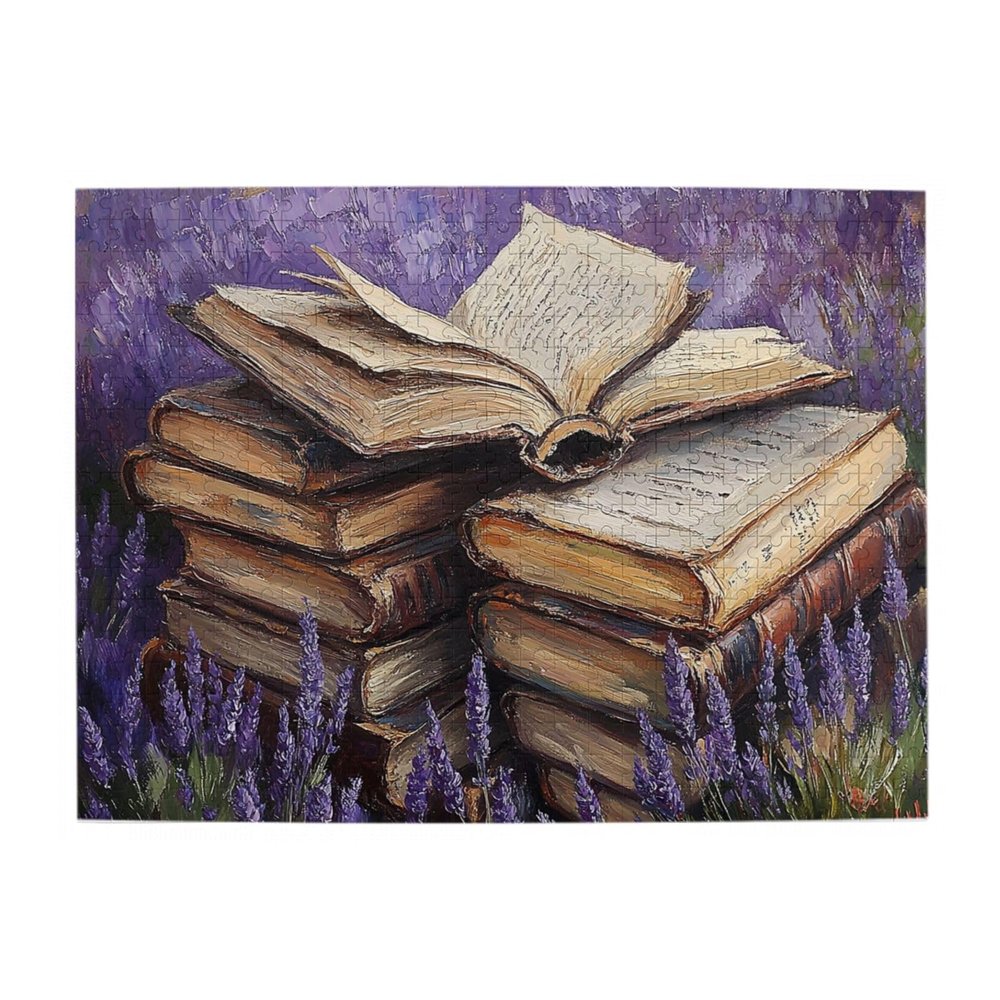 BEAROWL Vintage Adult Wooden Jigsaw Puzzle, 500 PcsOpen Pages, Old Novels & Lavender FieldEntertainment Games for Adults to Kill Time During for Friends and Family