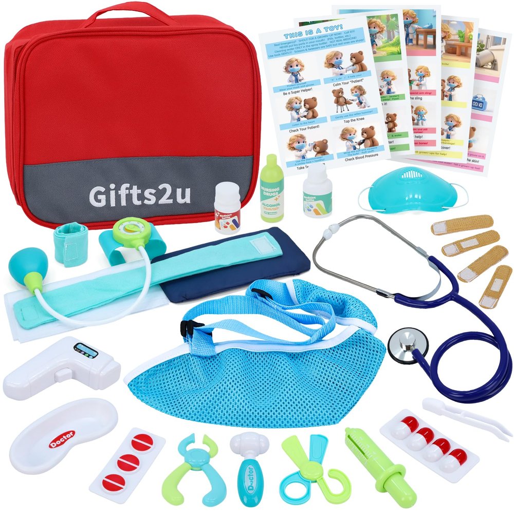 Gifts2U Kids First-Aid Kit Toy, 28-Piece Pretend Play Doctors Kit for Kids with Real Stethoscope and Storage Bag, Educational Medical Set Realistic Role Play Toy, Doctor Gift for Girls Boys Ages 3+
