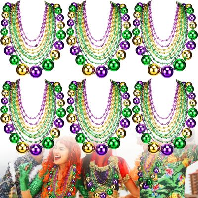 Cunno 60 Pcs 41" Jumbo Mardi Gras Beads Necklaces Bulk Gold Green Purple Plastic Disco Ball Beaded Necklace Carnival Costume Jewelry Mardi Gras Accessories for Carnival Parade Masquerade Party Throw