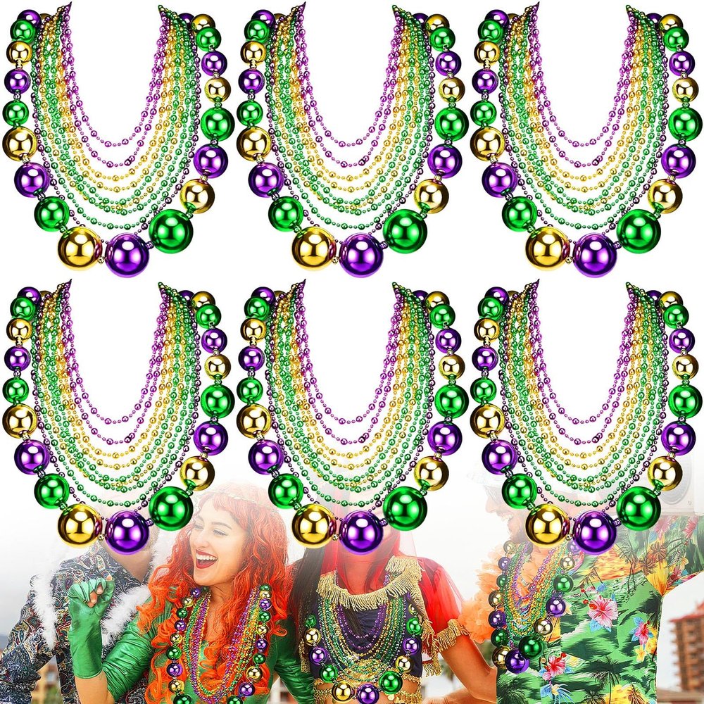 Cunno 60 Pcs 41" Jumbo Mardi Gras Beads Necklaces Bulk Gold Green Purple Plastic Disco Ball Beaded Necklace Carnival Costume Jewelry Mardi Gras Accessories for Carnival Parade Masquerade Party Throw