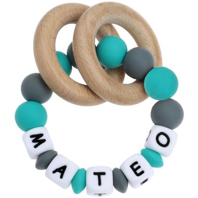 Munchewy Personalized Baby Keepsake Rattles with Name, Customizable Silicone Baby Keepsake Rattle with Natural Organic Beech Wood Rings for Gift (Grey/Turquoise)