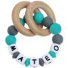 Munchewy Personalized Baby Keepsake Rattles with Name, Customizable Silicone Baby Keepsake Rattle with Natural Organic Beech Wood Rings for Gift (Grey/Turquoise) view 1