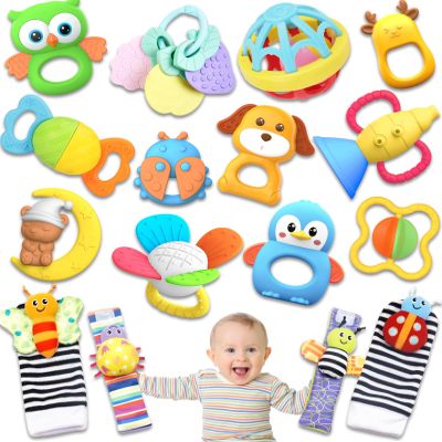 AZEN 16 Pack Baby Rattles Teething Toys 3-6 Months, Baby Toys 0-6 Months, Newborn Infant Toys 6-12 Months, Essentials Must Haves Wrist Socks Toddler Stocking Stuffers Christmas Gifts (Bright)