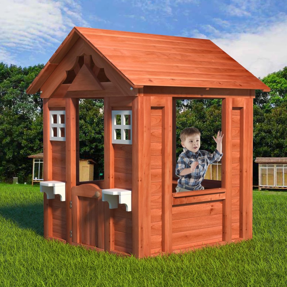Kids Outdoor Playhouse with Door & 2 Windows - Wooden Backyard Play House for Ages 3-8 - 42L x 46W x 55H - Easy Assembly & Flower Planter