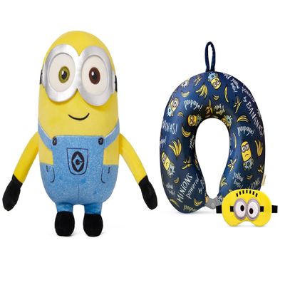 (2 Pack) 8" Minions Stuffed Animals Plush Toys (Bob) + Travel Neck Pillow with Eye Mask for Airplane Car and Home