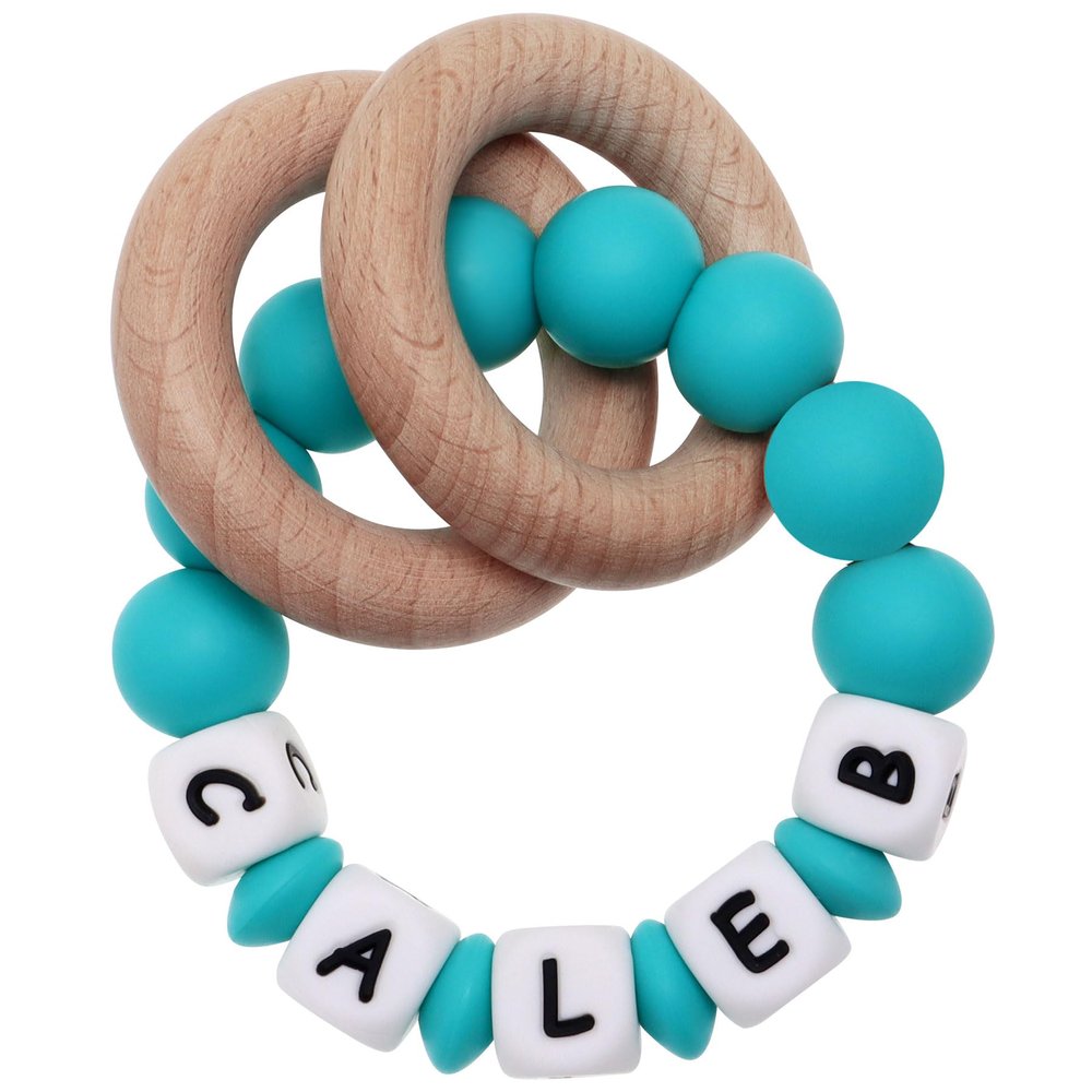 Munchewy Personalized Baby Keepsake Rattles with Name, Customizable Silicone Baby Keepsake Rattle with Natural Organic Beech Wood Rings for Gift (Turquoise)